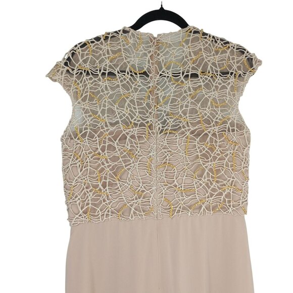 Tadashi Shoji Evening Gown Gold Beaded Lace Cap Sleeves Pleated Front Sz 14 - Picture 7 of 12